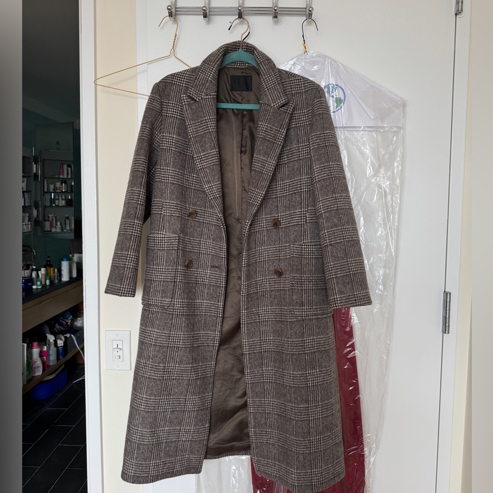 Grey plaid wool long peacoat from w concept
